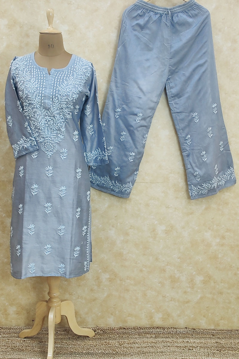 Grey Colour Chanderi Cotton Hand Embroidered  Lucknowi Chikankari Kurta Bottom Set Mc252035